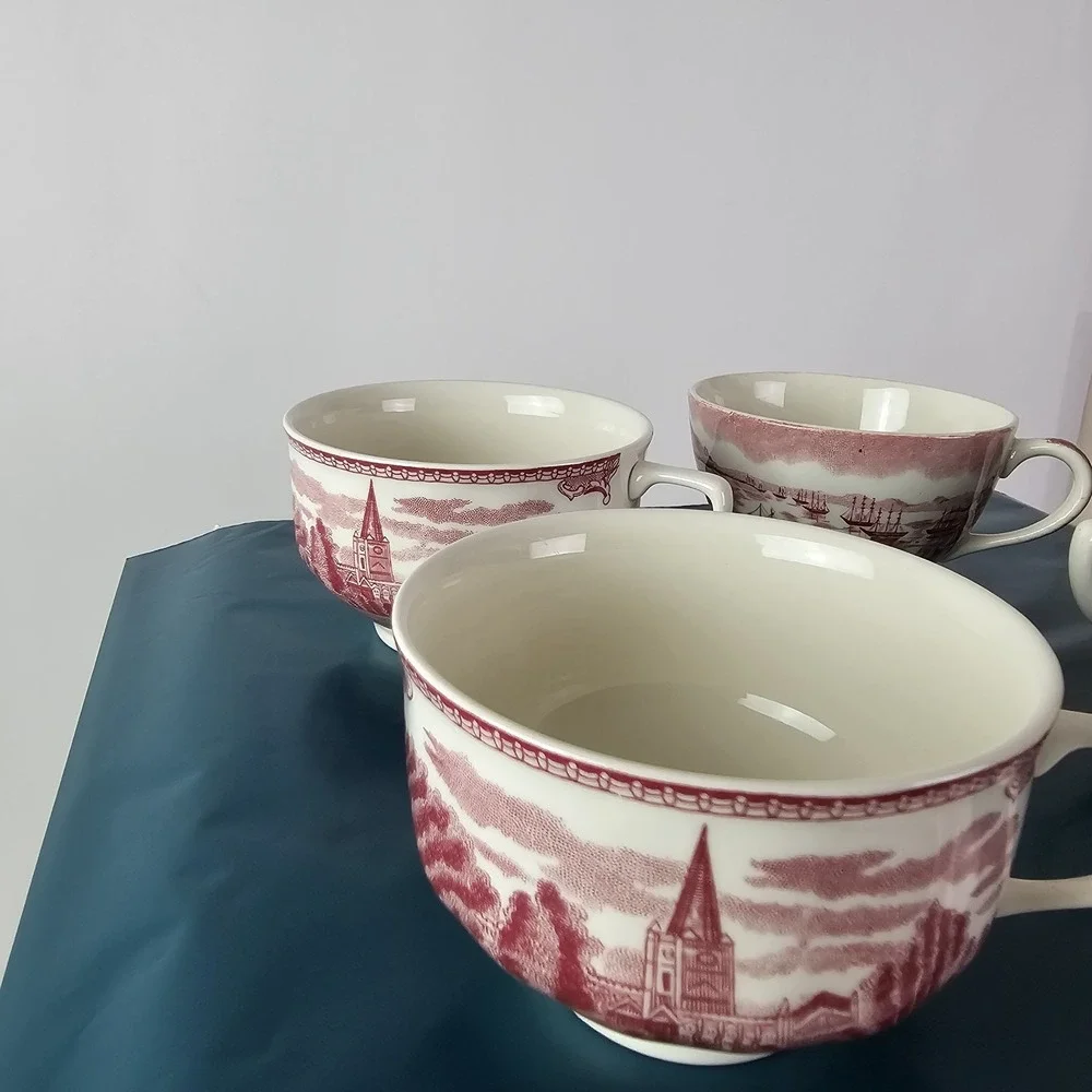 Johnson Bros Historic America Red Tea Cup &‎ Saucer Mix SF Gold Rush Castle 8pc